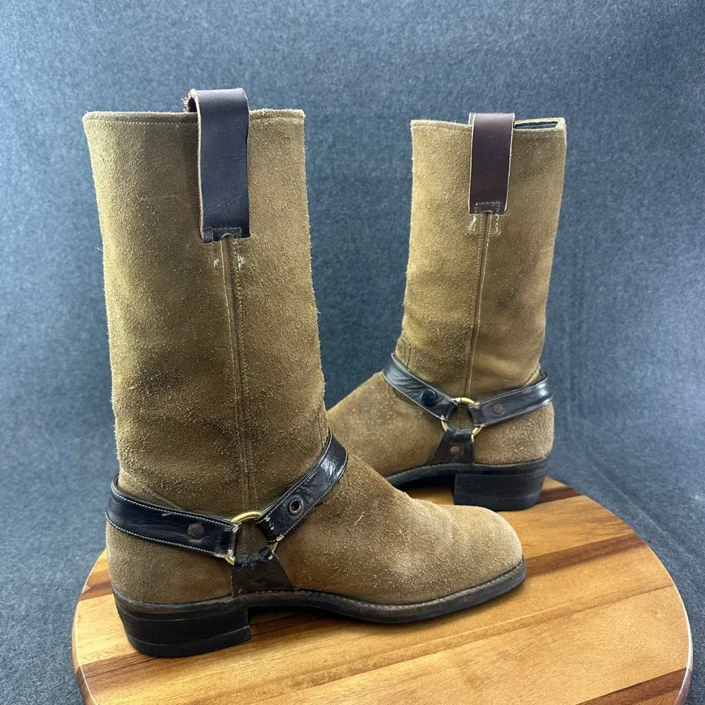 Vintage 1970s Mens Tan Suede Harness Boots Square Toe Brown Leather Straps 9.5 - Picture 9 of 12